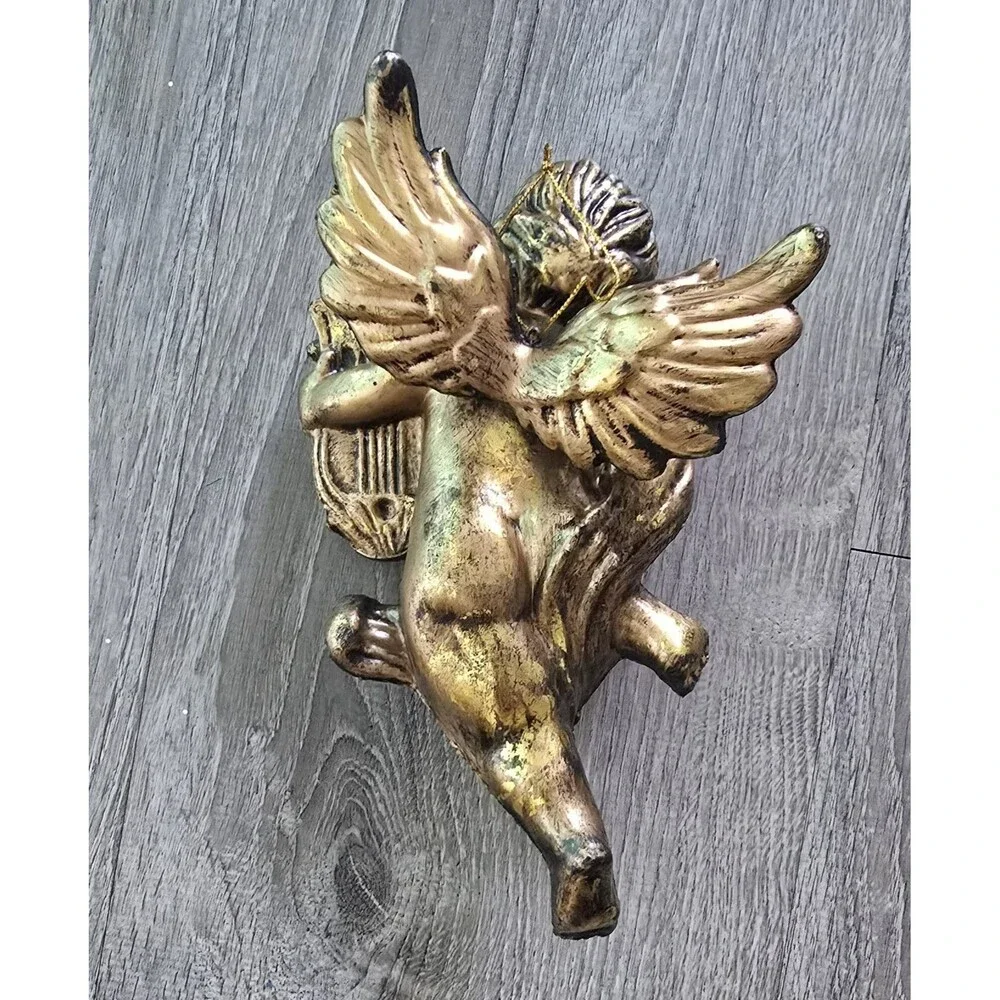Christmas Ornament Gold Angel Blow Mold Cherub Musician 9 Inches Long